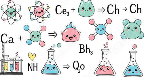 Adorable kawaii chemistry doodles for educational resources and science themed designs, perfect for kids and learning