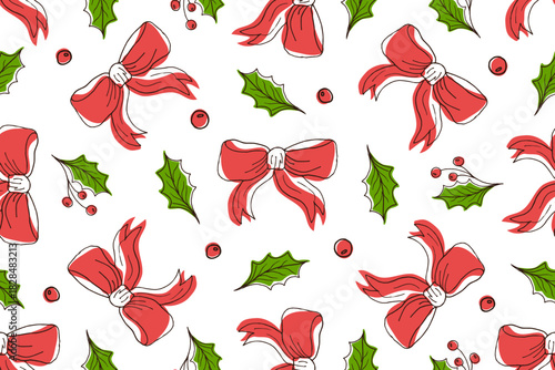 Seamless Christmas pattern with red bows, green holly leaves, and berries. Colorful, vibrant background for festive decorations. For wrapping paper, fabrics, and clothing prints.