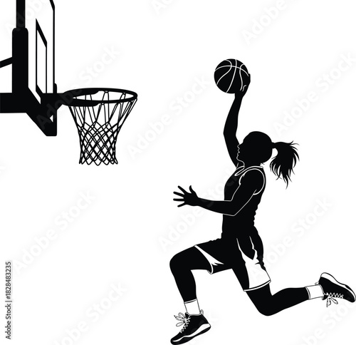 Woman basketball player silhouette dunking ball into hoop sports vector eps