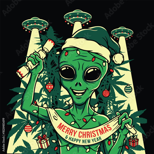 Christmas Alien with Santa Hat Holding Merry Xmas Banner and Cracker Vector