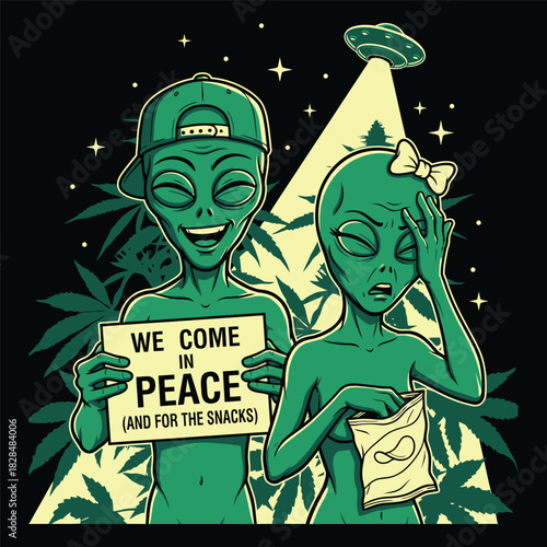 Funny Alien Couple with "We Come in Peace and for Snacks" Sign Vector