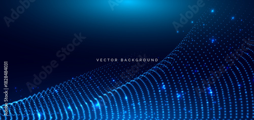 Futuristic particle blue glowing wave lines on dark background.