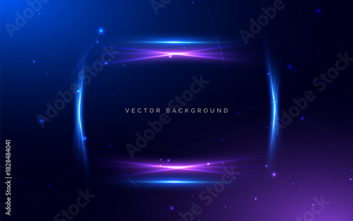 Frame square blue and pink neon glowing with sparkling on dark blue background.