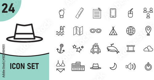 Collection of Twenty Four Minimalist Black and White Outline Icons for Various Themes