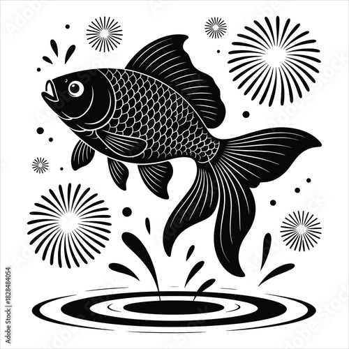 Black and white graphic goldfish jumping from water vector art isolated on white background, Vector