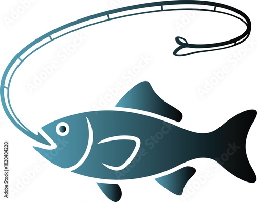 Modern fishing logo design with stylized fish and curved fishing rod vector illustration.