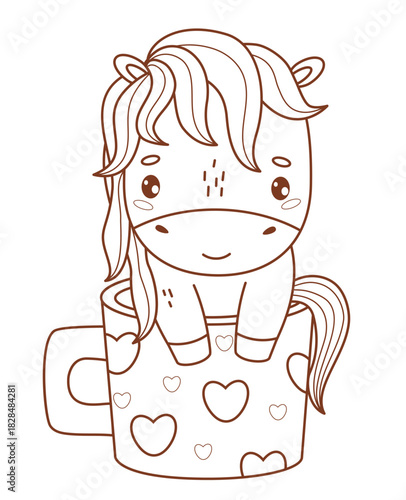 Outline Cute Horse in Romantic Cup of Hearts. Little enamored Cartoon Pony Kawaii Animal. Line drawing, coloring book. Vector illustration. Kids collection. Not AI