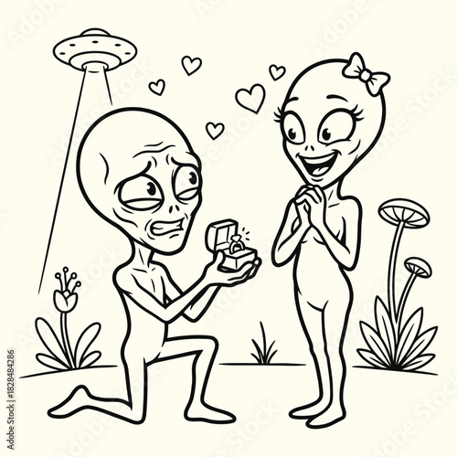 Alien Proposal Line Art Vector - Funny Extraterrestrial Engagement Illustration