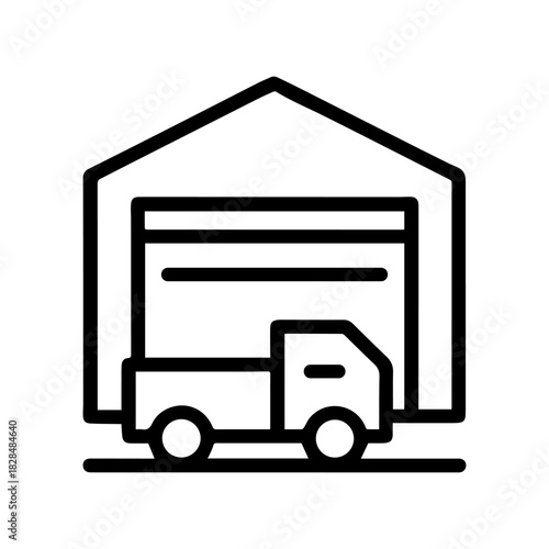Logistics Warehouse Icon – Delivery Truck Inside Storage Building – Supply Chain, Shipping, Distribution Symbol
