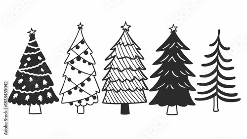 Christmas Tree Line Art Icon Set for Greeting Cards and DIY Crafts