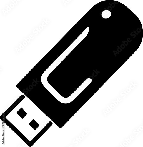 Minimalist black USB flash drive icon representing portable data storage external memory thumb drive hardware for digital information transfer backup and modern computer technology peripheral concepts