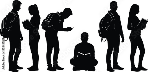 A diverse group of students black silhouettes with backpacks and books