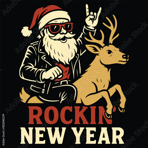 Rocker Santa Claus Riding Reindeer with Rock Hand Sign Vector Illustration