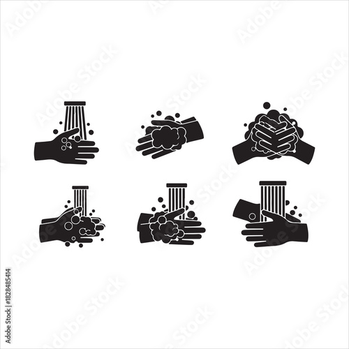 Wash your hands icons set. Hand washing icons set. Hand drawing with water tap, drop, soap bubble sign, vector illustration. Handwashing icon fill vectors set for ui.