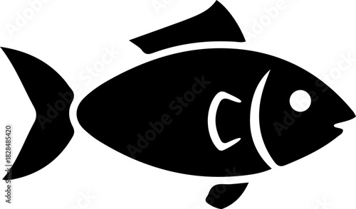 A simple flat black vector icon of a fish silhouette representing seafood animal life nature fishing industry and aquatic ocean creature for minimalist graphic design