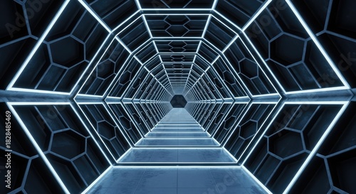 Futuristic tunnel with hexagon pattern and glowing neon lights, creating a sense of depth