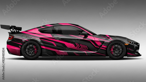 Side view of a black sports car with a pink and black graphic design, featuring a spoiler.