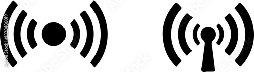 Minimalist black wireless signal icons featuring a point source and a tower transmitter representing connectivity, radio frequency broadcasting, and mobile network telecommunications data
