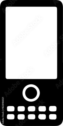 Black solid smartphone icon silhouette with a full keypad and circular button representing mobile communication technology cellular connectivity and wireless telecommunication device for web interface