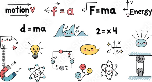 Adorable physics doodles illustrate science concepts, perfect for educational materials or fun classroom decor