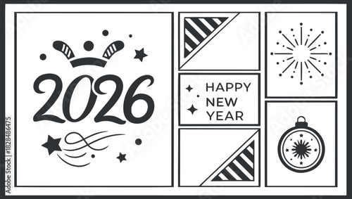 Elegant Happy New Year 2026 Greeting Card with Gold and Beige Fireworks