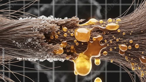 Microscopic view of damaged hair strand treated with golden serum with glowing particles on dark grid background showcasing repair and restoration science