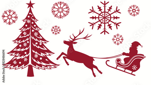 eps 12.eps: Red Silhouette of Santa Claus, Reindeer Sleigh, Christmas Tree, and Snowflakes