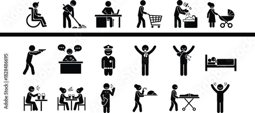 Large set of pictograms illustrating diverse human activities, professions, and situations including disability, shopping, parenting, law enforcement, and dining vector.