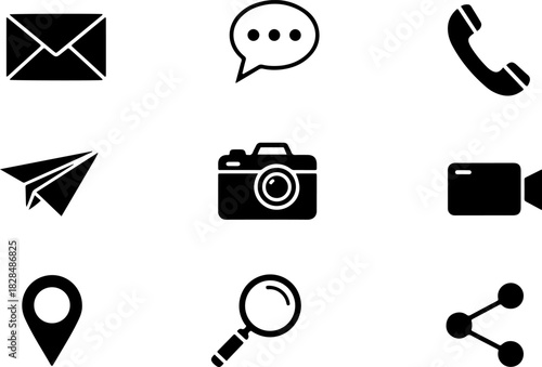 Set of black solid communication and social media icons including mail chat phone paper plane camera video location search and share symbols for interface design