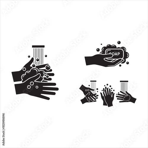 Wash your hands icons set. Hand washing icons set. Hand drawing with water tap, drop, soap bubble sign, vector illustration. Handwashing icon fill vectors set for ui.