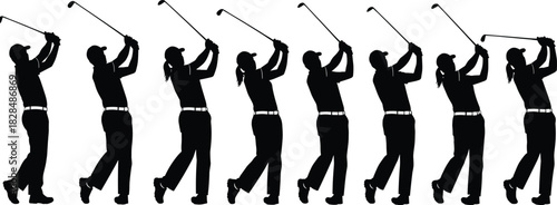 Man and Woman Golfer Driving Ball, Hitting, and Follow Through Poses for Sport, 