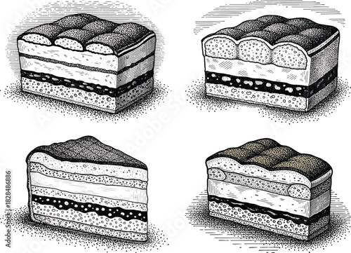 Vintage engraved layered cake slice icon set featuring detailed sponge texture, creamy filling and classic dessert style