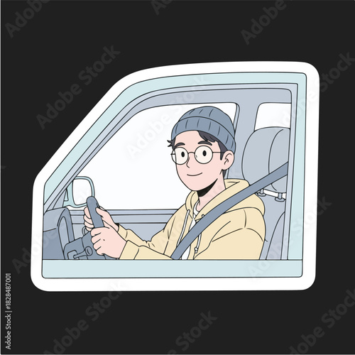 Illustration of a young boy wearing a beanie and glasses driving a car, depicted in a sticker-style flat design, with a muted color palette and clean lines