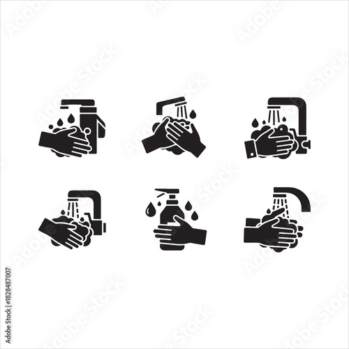 Wash your hands icons set. Hand washing icons set. Hand drawing with water tap, drop, soap bubble sign, vector illustration. Handwashing icon fill vectors set for ui.