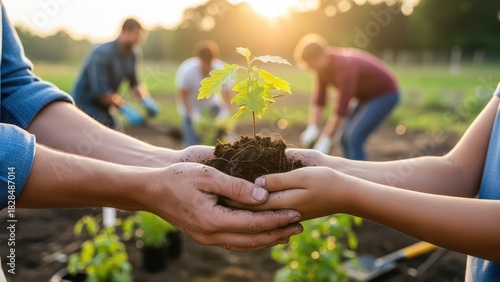 Generations planting a young tree together in a sun-drenched garden, fostering growth and connection.