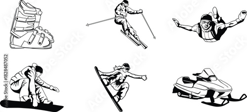 Black and white vector illustration showcasing winter sports activities including skiing snowboarding snowmobiling skydiving and ski boots ideal for sports enthusiasts and graphic design projects