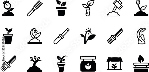 Illustration of black and white vector icon set for gardening, plant growth, and nature, featuring various plants, sprouts, pots, and essential cultivation tools for design projects