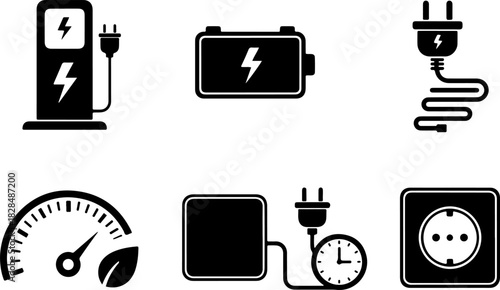 Minimalist black electric vehicle charging icons set featuring station battery plug cable eco dashboard and power socket for sustainable energy transportation and green technology infrastructure conce