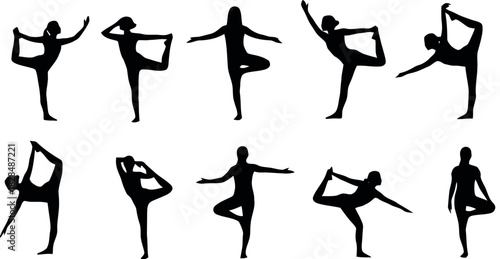 Illustration of silhouettes of women performing yoga poses, tree and dancer, demonstrating balance, strength, and flexibility