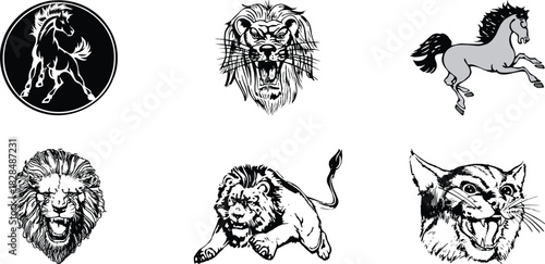 Collection of animal illustrations featuring a horse in a circle a roaring lion head a horse jumping a lion head another lion and an angry cat all in black and white for graphic design projects