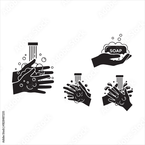 Wash your hands icons set. Hand washing icons set. Hand drawing with water tap, drop, soap bubble sign, vector illustration. Handwashing icon fill vectors set for ui.