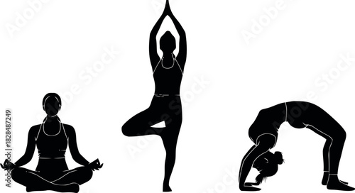 Illustration of black silhouettes of women in yoga poses lotus, tree, and wheel, symbolizing health, balance, and wellness
