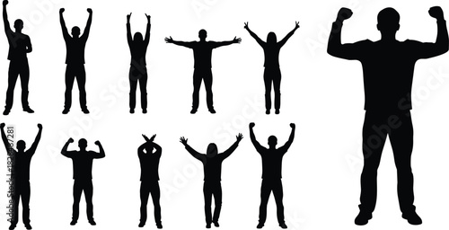 Men and Women with Arms Raised, Celebrating, Cheering