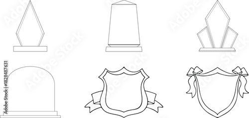 Line art illustration showcasing various trophy designs and shield emblems perfect for awards ceremonies and logo concepts in black and white minimalist style for graphic design projects