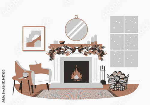 Cozy Fireplace Scene with Burning Fire Mirror and Festive Decorations.