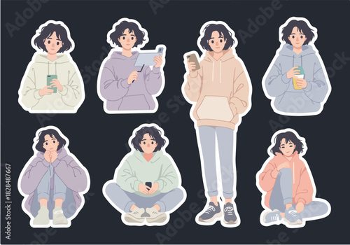 Flat Illustration Stickers of a Young Person in Casual Attire Engaging in Various Activities, Showcasing Modern Lifestyle and Digital Connectivity