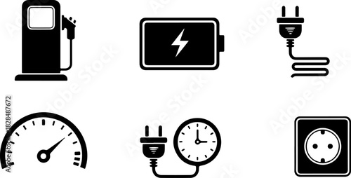 Set of black and white electric vehicle charging station icons including battery power indicators plug symbols and dashboard speedometers for sustainable automotive technology energy conservation conc