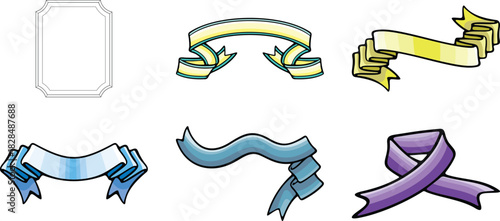 Collection of decorative cartoon ribbons and a frame in various colors including yellow blue and purple perfect for graphic design projects and creative presentations adding a touch of elegance