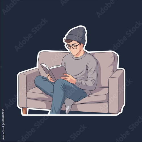 Illustration of a young man wearing glasses and a beanie, sitting comfortably on a couch, engrossed in reading a book, presented in a clean, flat, sticker-style design