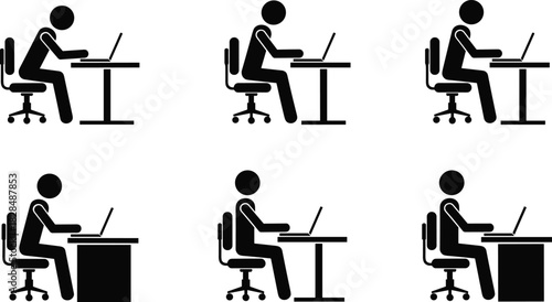 Office Job, Remote Work, Desk, Computer User, Typing, Professional, Simple Pictogram Vector Graphic Collection.
